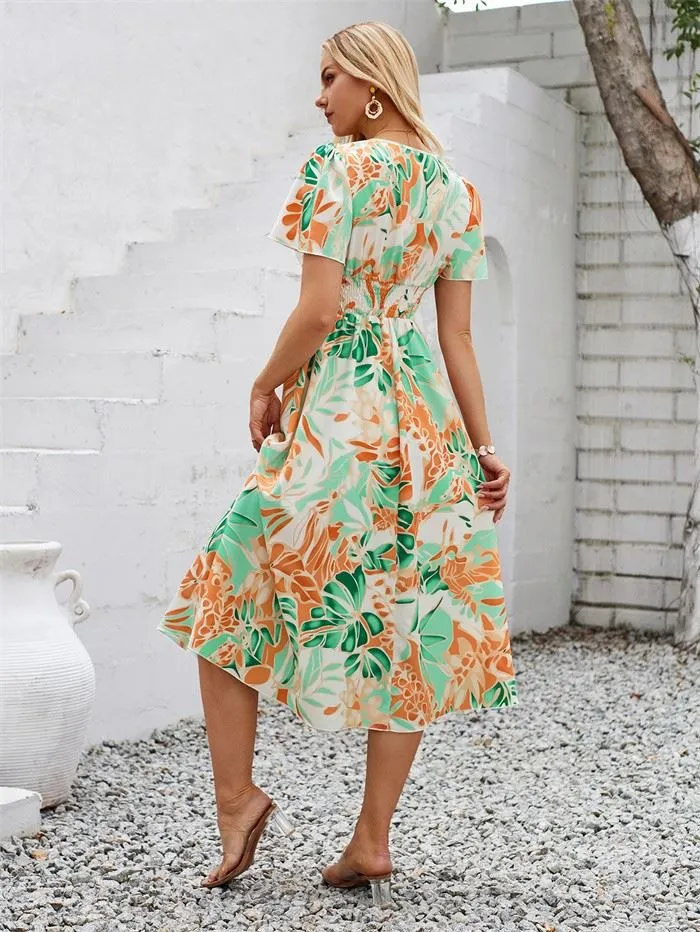 Hot Selling Polyester Short Sleeved Floral V-Neck Midi Dress